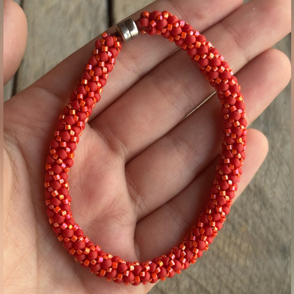Sterling Silver and Red and Orange Seed Bead Bracelet